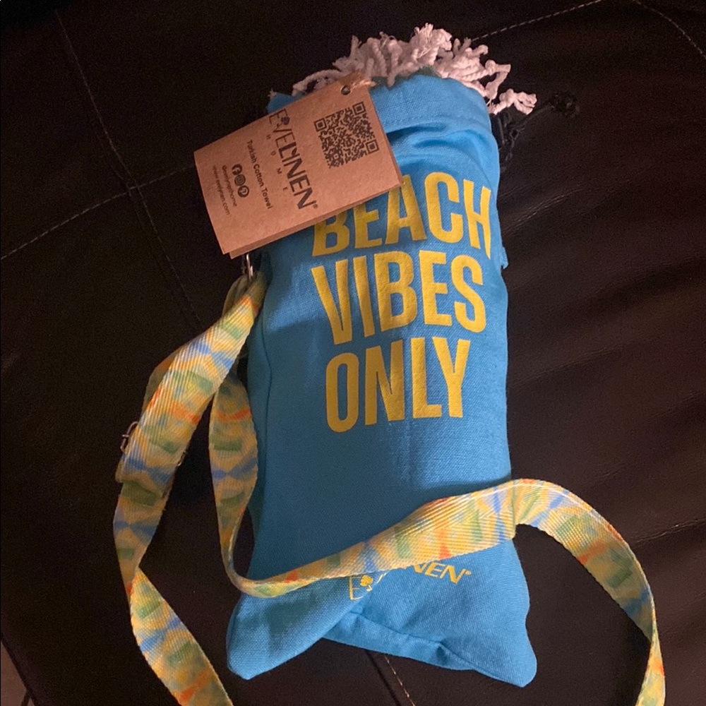 Linen/cotton  Blue and Yellow Beach Vibes towel carrier bag and towel band.
